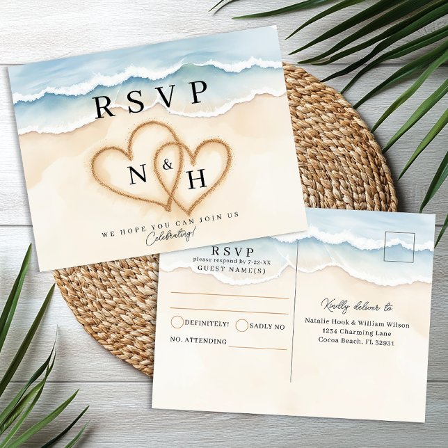 Beach-vykort för OSA med Sand Heart-design Vykort (Wedding RSVP Postcard)