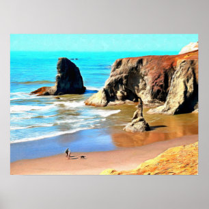 Beach Walk med Hund vid Ansikte Sten Park i Bandon Poster