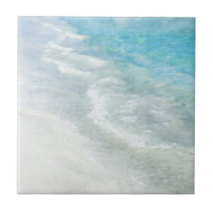 Beach Watercolor - Coastal Teal Light Blue Vågar Kakelplatta