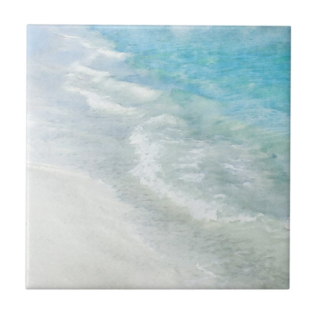 Beach Watercolor - Coastal Teal Light Blue Vågar Kakelplatta (Framsidan)