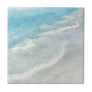 Beach Watercolor - Coastal Teal Light Blue Vågar Kakelplatta