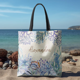 Beach Watercolor Ocean Sea Life Personlig Tygkasse