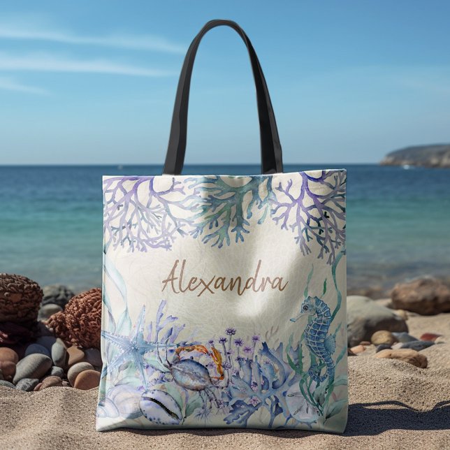 Beach Watercolor Ocean Sea Life Personlig Tygkasse (Skapare uppladdad)