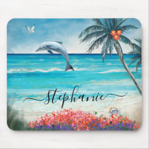 Beach Watercolor Sjölandskap Dolphin Monogram Musmatta