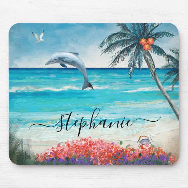 Beach Watercolor Sjölandskap Dolphin Monogram Musmatta (Framsidan)