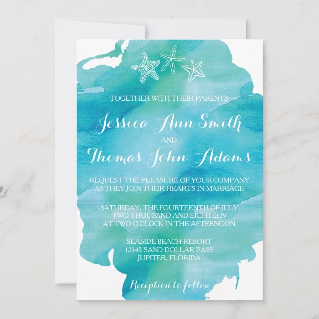 Beach Watercolor Starfish Ocean Wedding bjudande Inbjudningar (Framsida)