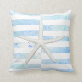 Beach Watercolor Starfish Wide Stripe Blue White Kudde