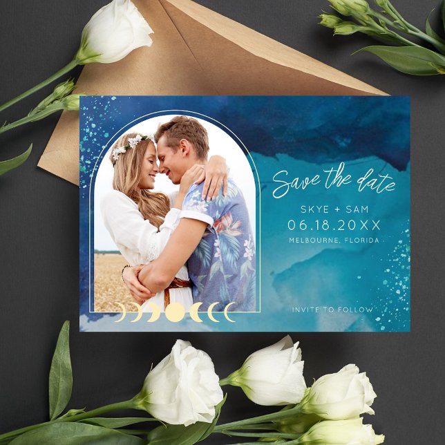 Beach Watercolor Whimsical Photo Bröllop Spara Datumet (Beach Watercolor Whimsical Photo Wedding Save The Date)