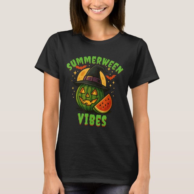Beach Watermelon Summerween Vibes Witch Halloween T Shirt (Framsida)