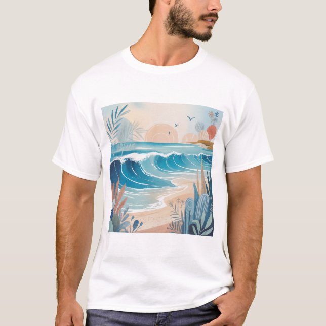Beach Wave Minimal Art T-Shirt – Calm Coastal Aest (Framsida)