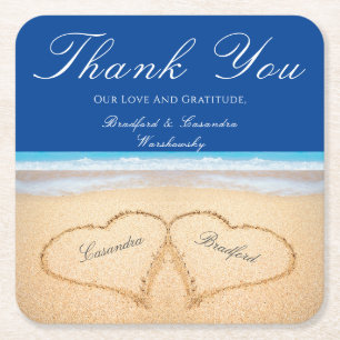 Beach Wedding 2 Hearts i Sand Bröllop Underlägg Papper Kvadrat