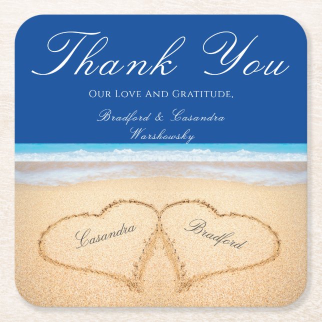 Beach Wedding 2 Hearts i Sand Bröllop Underlägg Papper Kvadrat (Framsidan)