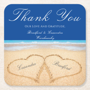 Beach Wedding 2 Hearts i Sand Bröllop Underlägg Papper Kvadrat