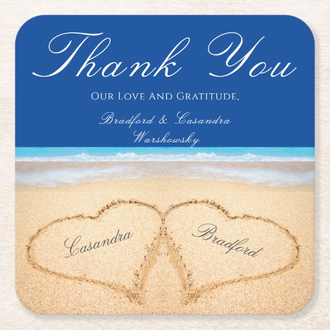 Beach Wedding 2 Hearts i Sand Bröllop Underlägg Papper Kvadrat (Framsidan)