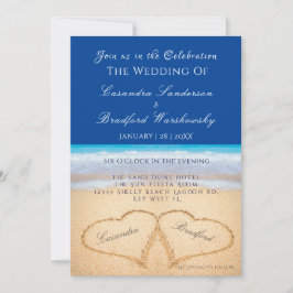Beach Wedding 2 Hearts Sand Bröllop Mörk blått Inv Inbjudningar