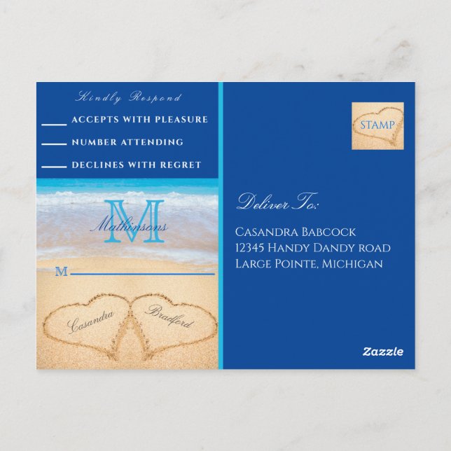 Beach Wedding 2 Hearts Sand Mörk blått OSA Vykort (Baksida)