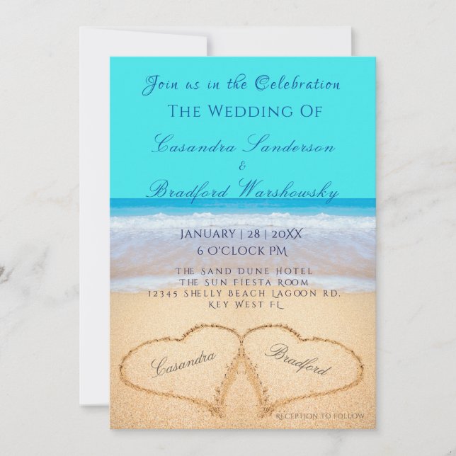 Beach Wedding 2 Hearts Sand Teal Blue-inbjudan Inbjudningar (Framsida)
