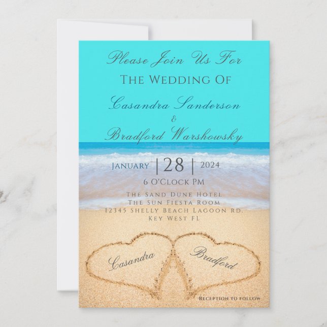 Beach Wedding 2 Hearts Sand Teal Blue-inbjudan Inbjudningar (Framsida)