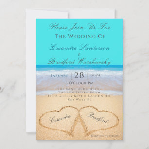 Beach Wedding 2 Hearts Sand Teal Blue-inbjudan Inbjudningar