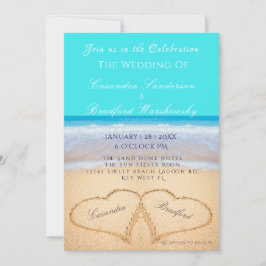 Beach Wedding 2 Hearts Sand Teal Blue Inbjudningar