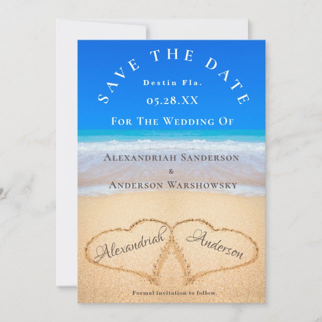 Beach Wedding 2 Hjärtar i Sand Save the Date Inbjudningar (Framsida)