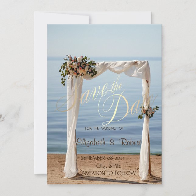 Beach Wedding Arch-Blommigten Spara datum Spara Datumet (Framsida)