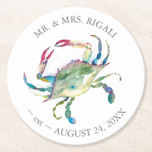 Beach Wedding Blue Crab Anpassningsbar Drink Coast Underlägg Papper Rund