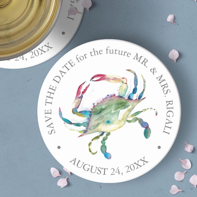 Beach Wedding Blue Crab Spara datumet Underlägg Papper Rund (save the date beach wedding watercolor blue crab unique art by Victoria Grigaliunas)