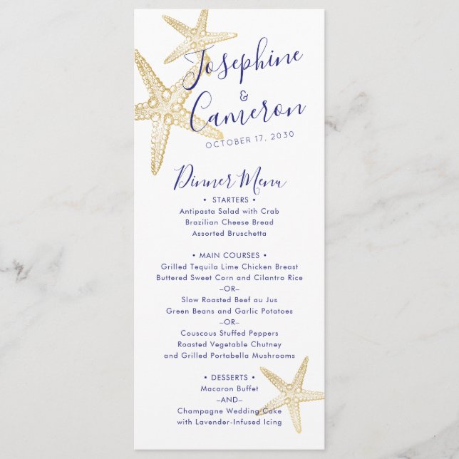 Beach Wedding Blue Guld Starfish Modern Menu Meny (Framsida)