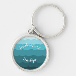 Beach Wedding Blue Vågar Bridesmaid med Namn Rund Silverfärgad Nyckelring