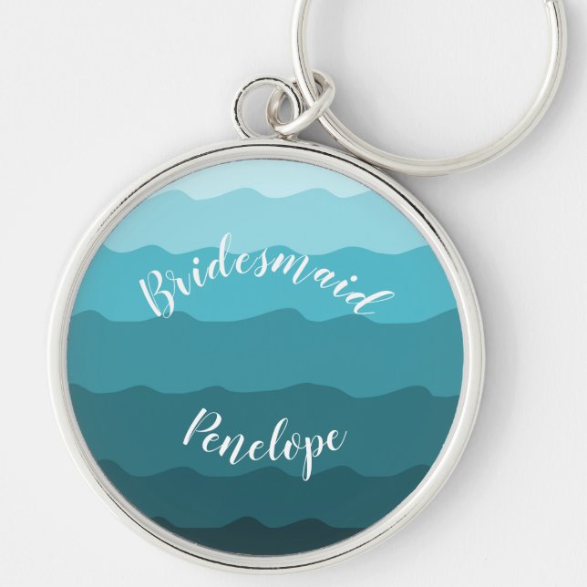 Beach Wedding Blue Vågar Bridesmaid med Namn Rund Silverfärgad Nyckelring (Framsidan)