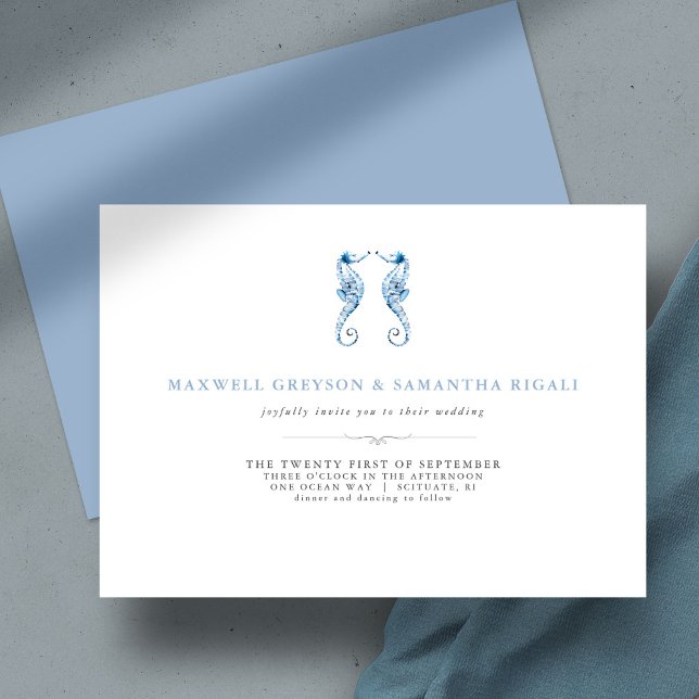 Beach Wedding Blue Watercolor Seahorse Inbjudningar (Beach Wedding Invitations Blue Watercolor Seahorses unique art by Victoria Grigaliunas )