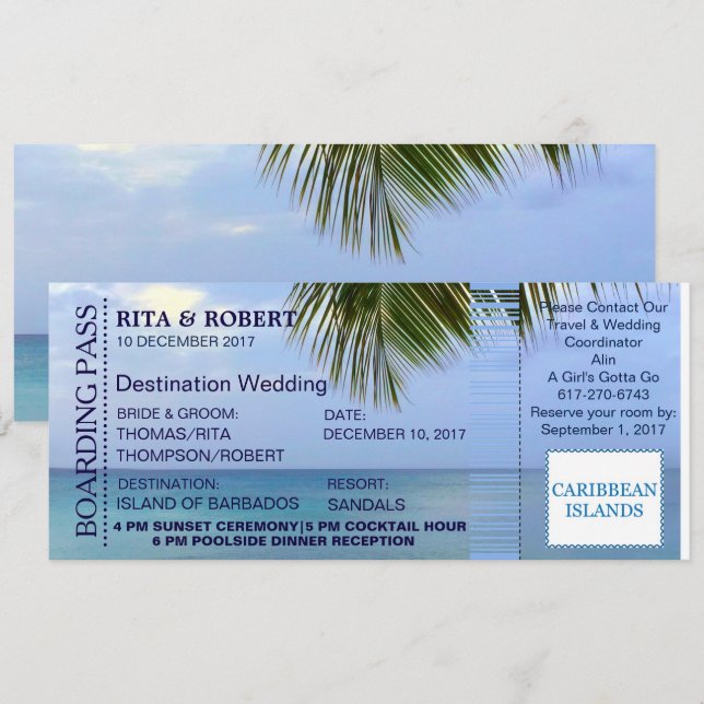 Beach Wedding | Boardingpass Biljett-destination Inbjudningar (Fram/baksida)
