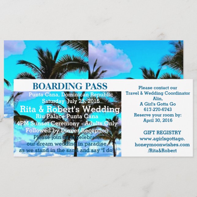 Beach Wedding | Boardingpass Biljett-destination Inbjudningar (Fram/baksida)