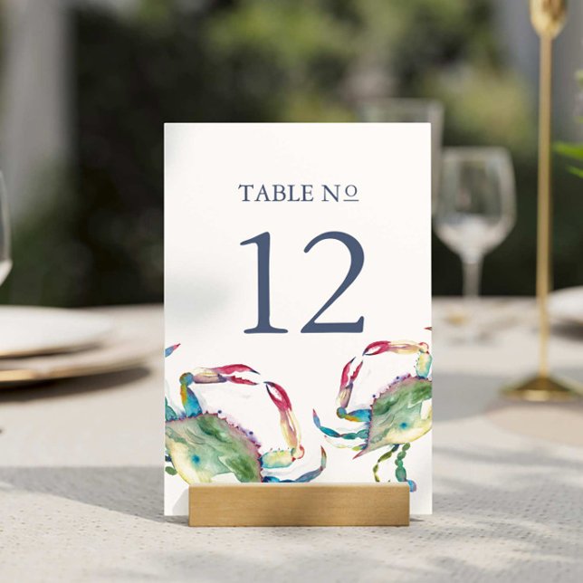 Beach Wedding Bordsnummer Blue Crab (Beach wedding table number watercolor blue crab art by Victoria Griglaliunas of Do Tell A Belle)