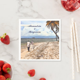 Beach Wedding Bride Groom Watercolor Handflatan An Pappersservett