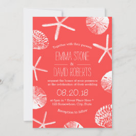 Beach Wedding Coral Red Starfish & Seashells Inbjudningar
