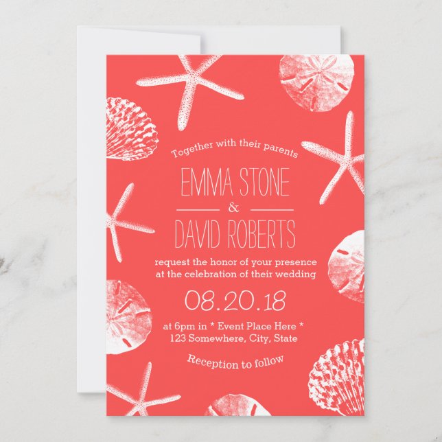 Beach Wedding Coral Red Starfish & Seashells Inbjudningar (Framsida)