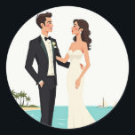 Beach Wedding Couple Sticker Runt Klistermärke<br><div class="desc">Adorable cartoon sticker featuring a newlywed couple standing on a beach,  perfect for adding a romantic touch to your devices or journals.</div>