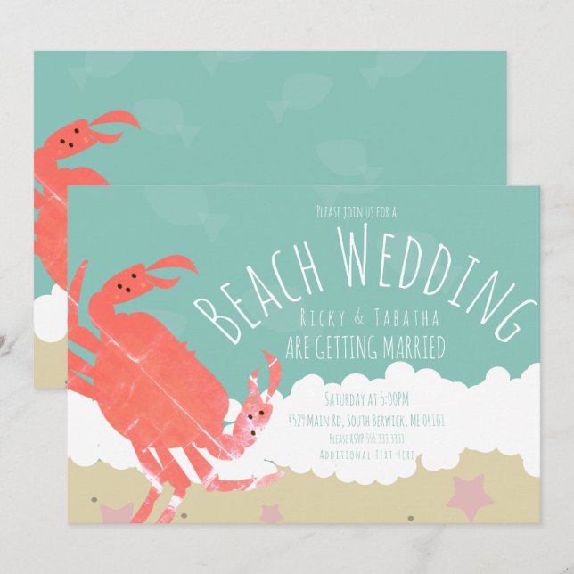 Beach Wedding Crab Sand Ocean Vinkar-inbjudan Inbjudningar (Fram/baksida)