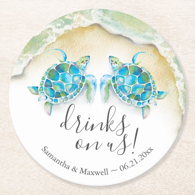 Beach Wedding Custom Drink Coasters Sea Turtles Underlägg Papper Rund (Framsidan)
