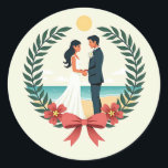 Beach Wedding Emblem Sticker Runt Klistermärke<br><div class="desc">Fira din förening med den här vackert illustrerade badbröllopsmärket,  perfekt för att dekorera bröllopsalbum och inbjudningar.</div>
