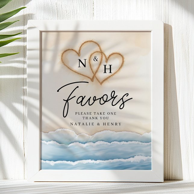 Beach Wedding Favor Sign med Sand Hearearts Poster (Wedding Favors Sign)