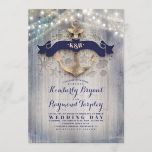 Beach Wedding för flotta och Guld Nautical Rustic Inbjudningar