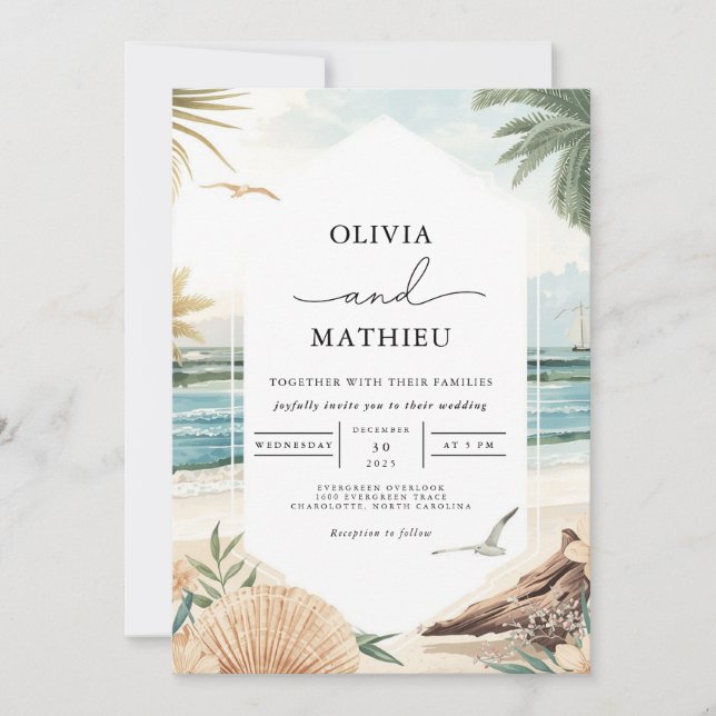 Beach Wedding för kustfärgsfärg Inbjudningar (Framsida)