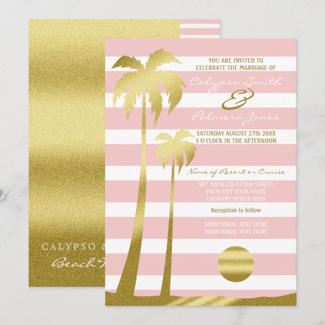 Beach Wedding Guld Glitter Handflatan Träd Rosa Ra Inbjudningar (Fram/baksida)