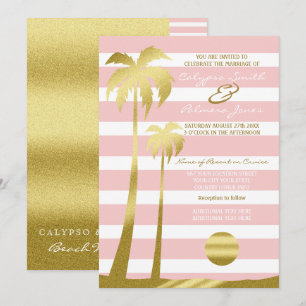 Beach Wedding Guld Handflatan Träd Rosa Rand Glitt Inbjudningar