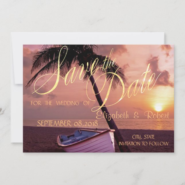 Beach Wedding Handflatan, Sunset, Boat Save Date Spara Datumet (Framsida)