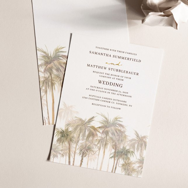 Beach Wedding Handflatan Träd Inbjudningar (Coastal Palm Trees Watercolor Modern Wedding Invitation)