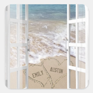 Beach Wedding Hearts in Open Window Fyrkantigt Klistermärke
